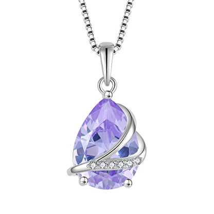 Birthstone Pendant Necklace 925 Sterling Silver Teardrop Jewelry for Women - color: Light Lavender