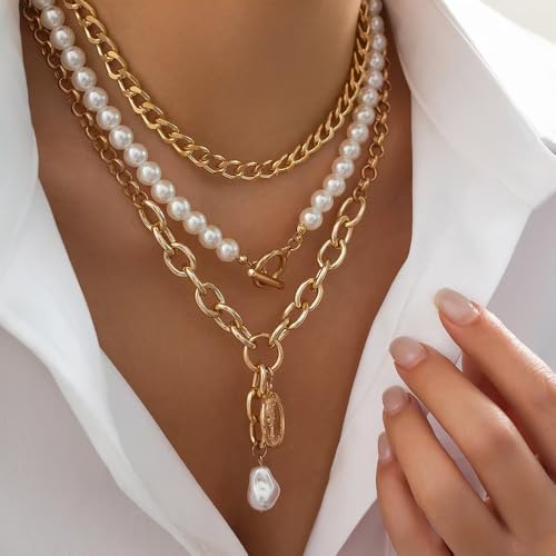 Chunky Pearl Layered Necklaces for Women Gold Big Statement Choker Necklace Set Charm Pearl Coin Pendant Necklace Trendy Jewelry Accessories Gifts - color: Gold2