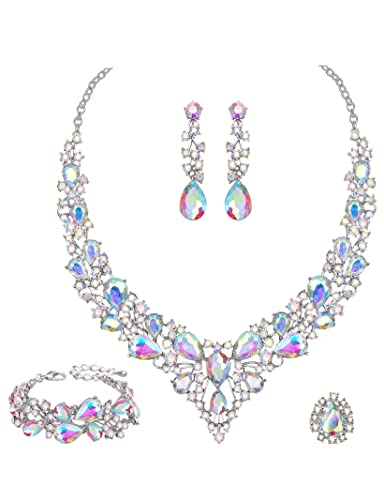 CSY Elegant Crystal Costume Jewelry Sets for Formal Events Gown Accessories | 4-Piece Set Bridal Necklace Earrings Bracelet Ring Set for Brides Eco-friendly Statement Jewelry for Wedding Party Prom - color: Iridescent AB Crystal