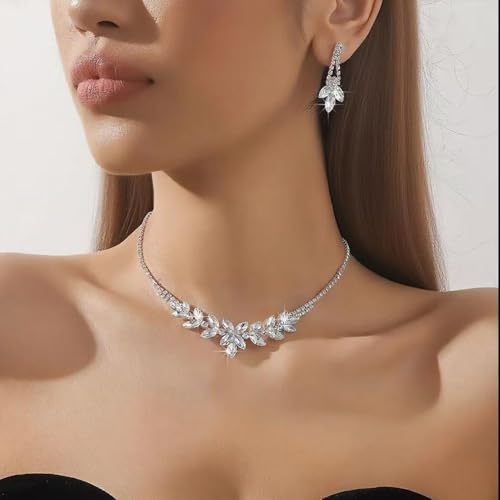 Elegant Rhinestone Flower Bridal Jewelry Set for Women Sparkling Crystal Cubic Zirconia Floral Leaf Adjustable Chain Choker Necklace Drop Dangle Earrings Set Wedding Prom Party Fashion Jewelry