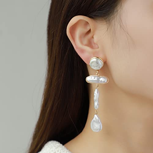 Statement Pearl Dangle Earrings,Gold and Large Pearl,Luxury Chandelier Organic Style Earrings - color: A gold and white