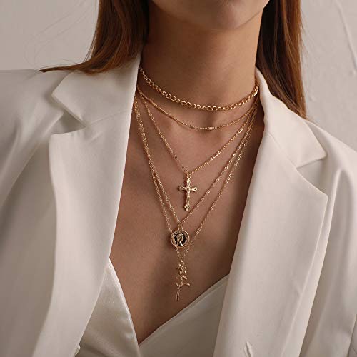PLOUTOS Cross Coin Rose Layered Multi Chain Choker Necklace Set For Women Rhinestone Gold Silver Five Layer Adjustable Statement Fashion Chunky Boho Punk - color: Gold