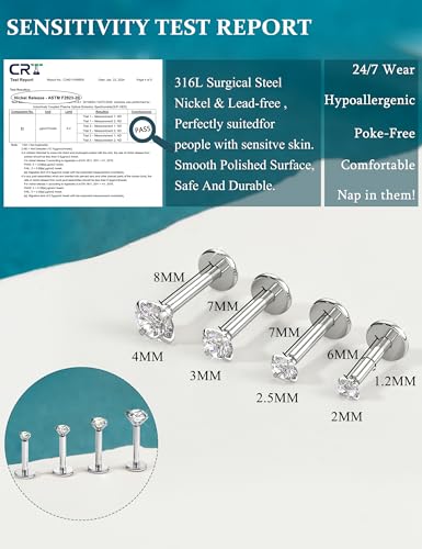 LOLIAS 14K Gold Plated Threadless Nose Studs, Nose Rings for Women 20G 18G | Hypoallergenic 316L Surgical Steel Labret Studs, Push In Flat Back Earrings, CZ Nose Nostril Tragus Helix Piercing Jewelry - color: Silver Tone, size: 16G-2/2.5/3/4mm CZ