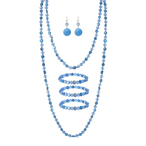 Trendy Infinity Wrap 60’’ Long Statement Necklace, Earrings and Bracelet Set - Hand Knotted Versatile Crystal and Shell Beads Strand Necklace and Chunky Beaded Stretch Bracelet Stack – Jewelry Set Gift for Women - color: light blue