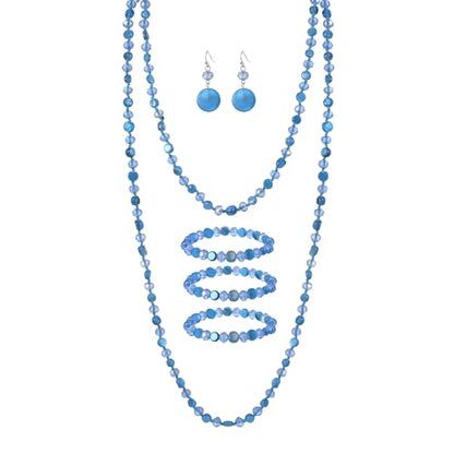 Trendy Infinity Wrap 60’’ Long Statement Necklace, Earrings and Bracelet Set - Hand Knotted Versatile Crystal and Shell Beads Strand Necklace and Chunky Beaded Stretch Bracelet Stack – Jewelry Set Gift for Women - color: light blue