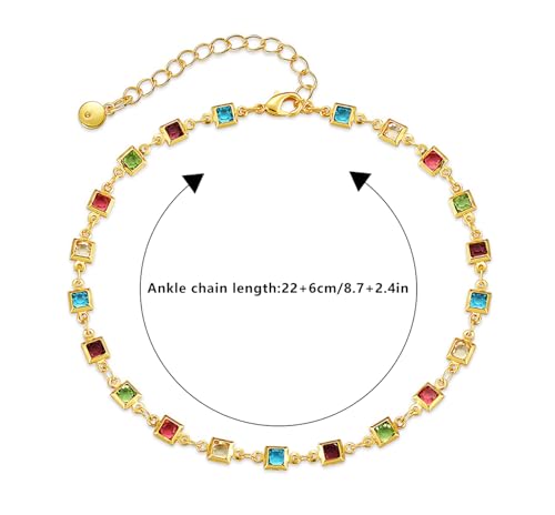 18K Gold Plated Anklet for Women Multicolor Crystal Ankle Bracelets Boho Adjustable Chain Anklets - color: Square