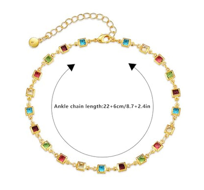 18K Gold Plated Anklet for Women Multicolor Crystal Ankle Bracelets Boho Adjustable Chain Anklets - color: Square