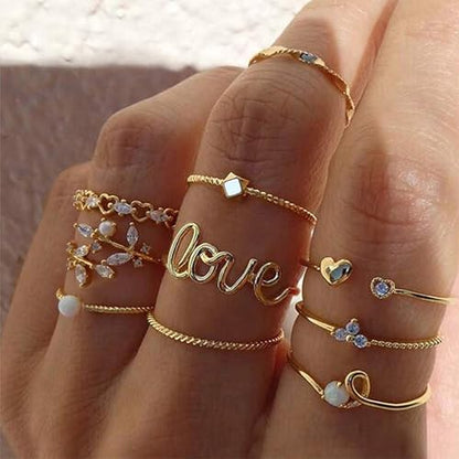 HUASAI Gold Stackable Rings Set for Women Boho Dainty Moon Star Pearl Leaf Cubic Zirconia Heart Midi Pinky Trendy Jewelry Birthday Gifts - color: K Gold Rings 10 Pcs