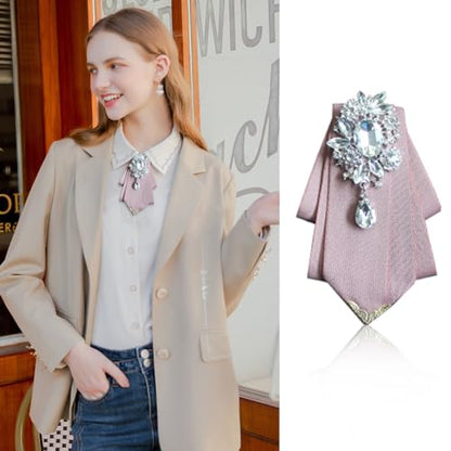 Crystal Bow tie Brooches Collar Pin Jewelry ribbon Fabric Bowknot Pre Tied Neck Tie For men Women wedding bridegroom - color: Pink