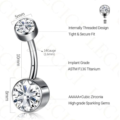 Titanium Floating Belly Button Rings 14G, ASTM F136 Implant-Grade Curved Barbell, Internal Thread with 6mm Teardrop Gems, Sparkle Navel Piercing Jewelry, 10mm/12mm Length - color: Silver-Clear cz, size: 3/8"(10mm)