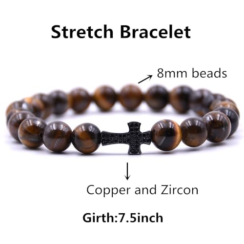 Beaded Bracelets Cross Bracelet for Women Men Lava Rock Turquoise Tiger Eye Natural Bracelet Anxiety Healing - color: 5Pcs-black zircon cross