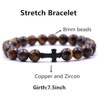 Beaded Bracelets Cross Bracelet for Women Men Lava Rock Turquoise Tiger Eye Natural Bracelet Anxiety Healing - color: 5Pcs-black zircon cross