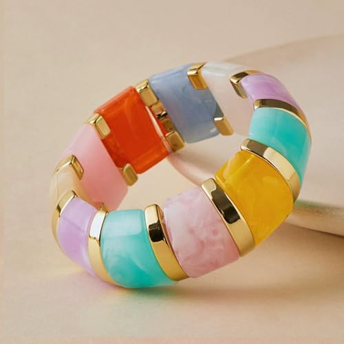 YBMYCM Acrylic Chunky Bangles Bracelets for Women Resin Gold-plated Stackable Stretch Bracelet Wide Wristbands Gift Jewelry - color: Colorful