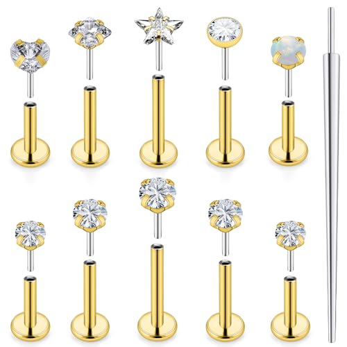 20G 18G 16G Push in Theadless Nose Rings Studs Hypoallergenic Lip Labret Jewelry Flat Back Nose Stud Stainless Steel Cartilage Helix Tragus Earrings for Women Men 6mm 7mm 8mm Bars Diamond 3mm - color: A:16G-Gold-Push in-Bar 6mm 8mm 10mm