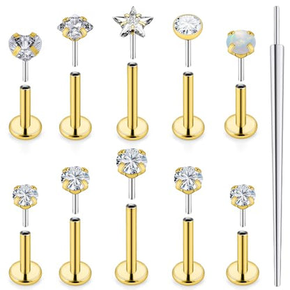 20G 18G 16G Push in Theadless Nose Rings Studs Hypoallergenic Lip Labret Jewelry Flat Back Nose Stud Stainless Steel Cartilage Helix Tragus Earrings for Women Men 6mm 7mm 8mm Bars Diamond 3mm - color: A:16G-Gold-Push in-Bar 6mm 8mm 10mm