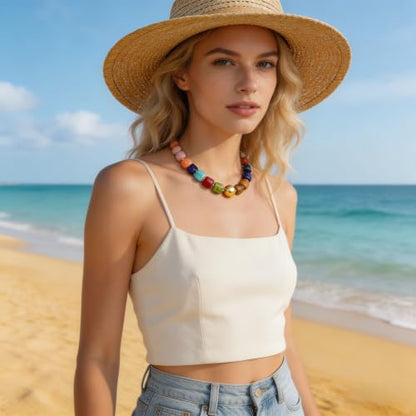 Colorful Statement Chunky Beaded Necklace for Women Trendy Y2K Boho Choker | Large Square Resin Beads Bold Summer Vacation Jewelry - color: Colorful