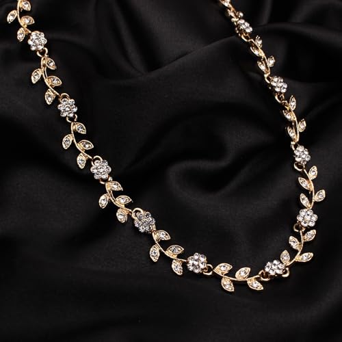 Austrian Crystal Rhinestone Choker Necklace Elegant Flower Leaf Chain Necklace Jewelry for Party Prom Costume Accessories for Women - color: White-Gold Plated