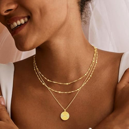 MFRYK Gold Necklaces for Women,14K Gold/Silver Plated Choker Layered Necklace Dainty Pearl Disc Cross Circle Heart Pendant Chain Stackable Necklaces, Multilayer Jewelry Set Gifts for Women - style: 3Layered Preal Beads Disc-GD