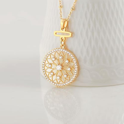 Aobei Pearl 18K Gold Plated Pendant Necklace for Women Dainty Gold Chain Choker Love Heart Disc Coin Pearl Cross Toggle Jewelry - style: Mandala