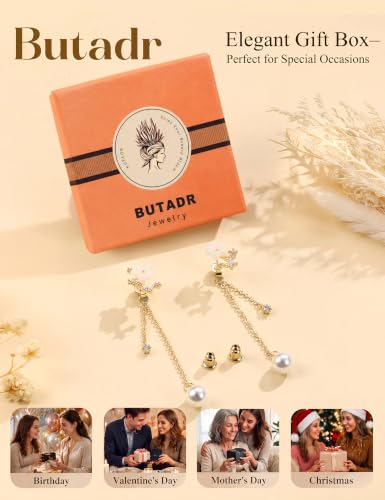 Pearl Dangle Stud Earrings for Women, 925 Sterling Silver Post Drop Earring | Trendy Detachable Chain Earrings, CZ Flower Stud Earrings, Hypoallergenic Wedding Statement Jewelry for Brides - color: Gold 1