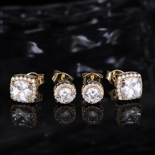 18K Gold Plated Halo Stud Earrings 925 Sterling Silver Cubic Zirconia Stud Earrings Round Square Diamonique Stud Earrings Set for Women Men - color: Gold1