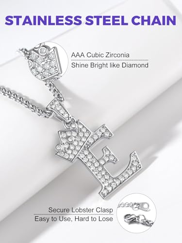 Richsteel Silver Crown Initial A-Z Letter Pendant Necklace for Men Women | Cubic Zirconia Monogram, 316L Steel Chain, 22" + 2" Extender,Hypoallergenic,Gift Box, Hip Hop Jewelry - style: E
