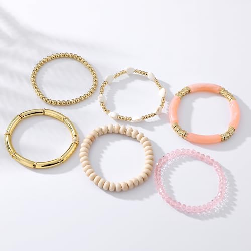 GOOJIDS Simple Beaded Gold Plated Bangles Bracelet Chunky Bamboo Tube Curved Stacking Clear Acrylic Colorful Beads Stretchable Gold Plated Bracelets Set For Women - color: A-A1 Gold Bead Set D