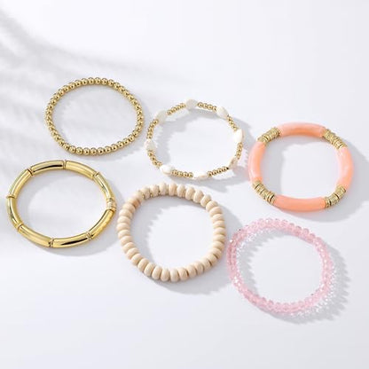 GOOJIDS Simple Beaded Gold Plated Bangles Bracelet Chunky Bamboo Tube Curved Stacking Clear Acrylic Colorful Beads Stretchable Gold Plated Bracelets Set For Women - color: A-A1 Gold Bead Set D