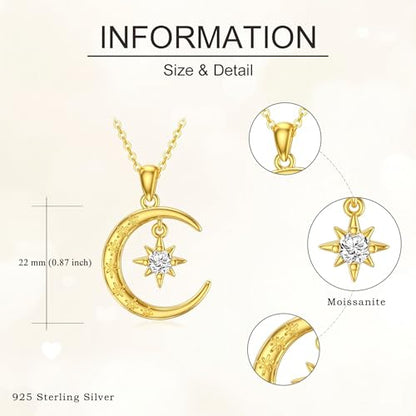 Moissanite Moon and Star Necklace 925 Silver Birthstone Gifts for Women | Sterling Silver Sun and Moon Pendant Elegant Jewelry Birthday Gifts for Wife Mom - color: A1:Moon and Star-Moissanite