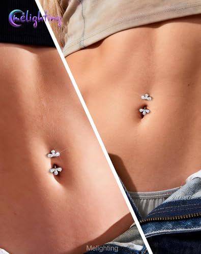 Melighting 14G Double Teardrop CZ Gold Belly Button Ring 316L Surgical Steel Navel Ring 3 Stone Drop Design Belly Bar Piercing Jewelry for Women 8 mm/10 mm - color: Steel, size: 14G8mm