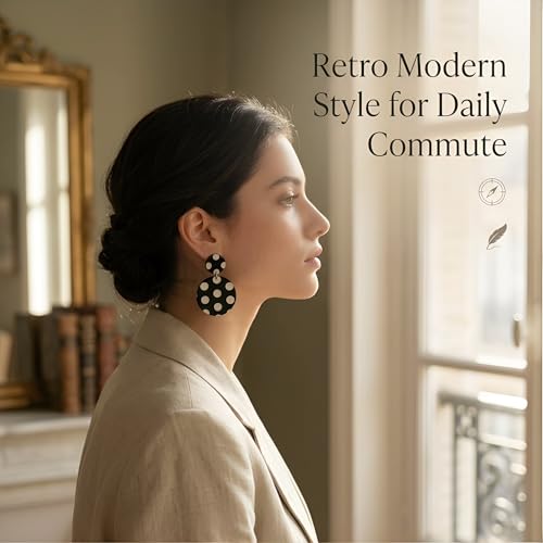 Gorgeous Black And White Earrings - Stylish Polka Dot Earrings. Beautiful Acrylic Dangle Drops, Lightweight Retro Geometric Jewelry To Elevate Daily Outfits Smoothly.