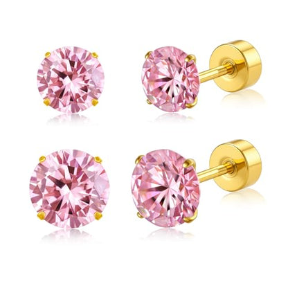 20G G23 Implant Grade Titanium Flat Back Stud Earrings for Women Men, Gold/White Gold Plated Tragus Labret Cartilage Helix F136 Piercing Jewelry for Sensitive Ears, with 4-6mm Cubic Zirconia - color: 2Pairs-20G-Golden-Pink-Stud Earring Sets
