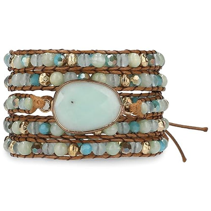 Bracelet for Women – Handmade Vegan Boho Natural Stone Layered Bracelet, Thailand Bohemian Stackable Beaded Wrap Bracelets, Summer Hippie Bracelet Stack, Fashion Jewelry Gifts - color: A24-Amazonite