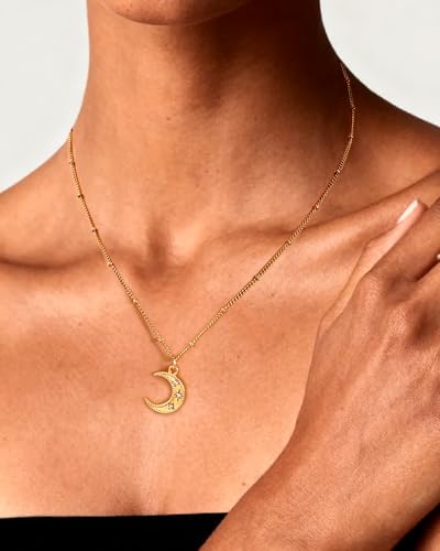 Crescent Moon Necklace Dainty Cubic Zirconia Star Pendant Necklaces for Women Trendy Adjustable Ball Chain Moon Jewelry Gift