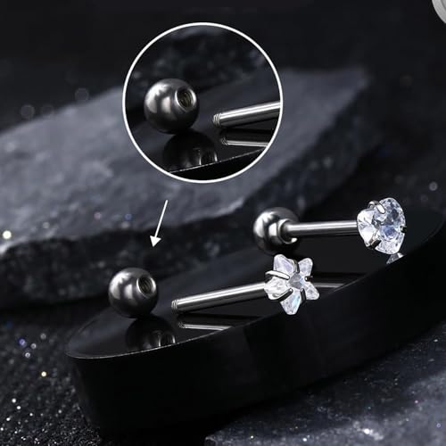 6Pcs Surgical Steel CZ Tongue Rings Sparkling Round Heart Flower Pink Butterfly Tongue Barbell Tongue Piercing Jewelry for Women