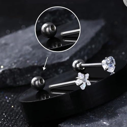 6Pcs Surgical Steel CZ Tongue Rings Sparkling Round Heart Flower Pink Butterfly Tongue Barbell Tongue Piercing Jewelry for Women
