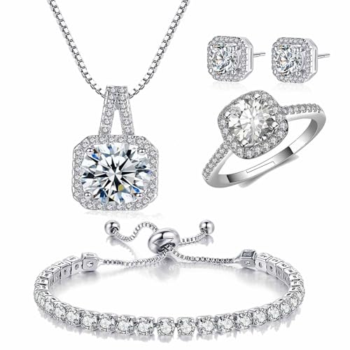 4pcs Set Zirconia Pendant Necklace Earrings Ring Bangle Set Silver Crystal Fashion Adjustable Zircon Jewelry for Women Wife Party Prom Engagement Wedding Gifts - style: Modern