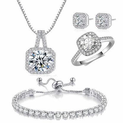 4pcs Set Zirconia Pendant Necklace Earrings Ring Bangle Set Silver Crystal Fashion Adjustable Zircon Jewelry for Women Wife Party Prom Engagement Wedding Gifts - style: Modern