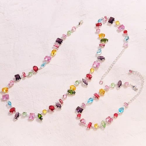 Silver Plated Rainbow Crystal Necklace, Sparkly Cubic Zirconia Rhinestone Multicolor Chain Choker Bracelet Earring Jewelry Set - style: Necklace