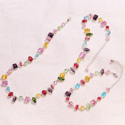 Silver Plated Rainbow Crystal Necklace, Sparkly Cubic Zirconia Rhinestone Multicolor Chain Choker Bracelet Earring Jewelry Set - style: Necklace