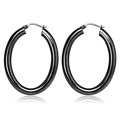 Hoops & Loops 925 Sterling Silver 4mm Thick Oval Diamond-Cut Hoop Earrings, 25mm 30mm, Silver, Yellow Gold, Rose Gold & Black - color: Black 30mm-1.2''