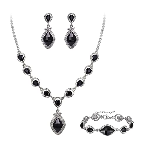 EVER FAITH Bridal Wedding Crystal Marquise Teardrop Pendant Necklace Earrings Bracelet Set for Prom - color: Black Silver-Tone