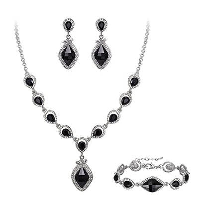 EVER FAITH Bridal Wedding Crystal Marquise Teardrop Pendant Necklace Earrings Bracelet Set for Prom - color: Black Silver-Tone