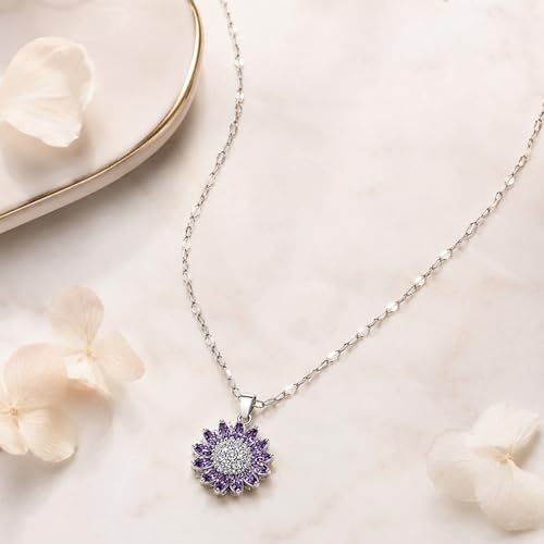 Sunflower Fidget Necklace for Women Gold Moon Necklace Rotating Heart Necklaces Spinning Crystal Flower Anxiety Necklaces Crescent Moons Jewelry Accessories - color: Silver Purple