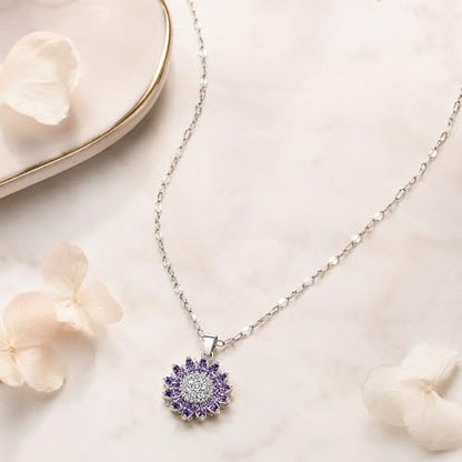 Sunflower Fidget Necklace for Women Gold Moon Necklace Rotating Heart Necklaces Spinning Crystal Flower Anxiety Necklaces Crescent Moons Jewelry Accessories - color: Silver Purple