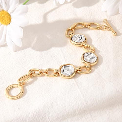 14K Gold & Silver Plated Lightweight Link Bracelet for Women | Stackable Bracelets ,14K Gold Plated Bracelets with CZ,Lightweight Trendy Chain Bracelet Jewelry Gift - style: round&gold chain