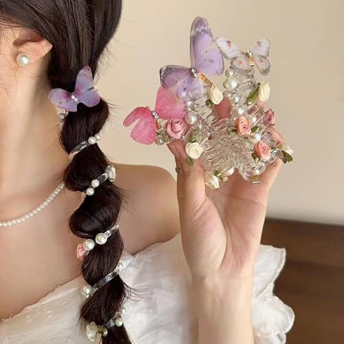 5pcs Telephone Wire Hair Bands Spiral Hair Ties,Pearl Telephone Cord Hair Ties Hair Scrunchies Decorative Hair Ties No Damage Ponytail Holders,Butterfly Flowers Beaded Hair Ties for Women Girl