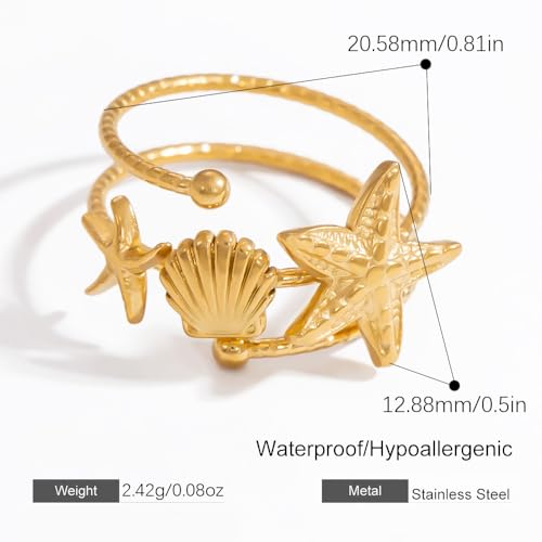 Bohemian Starfish Shell Finger Statement Ring for Women Gold Plated Dainty Seashell Star Wrap Open Adjustable Layered Thin Band Stacking Comfort Fit Stainless Steel Summer Beach Ocean Holiday Jewelry