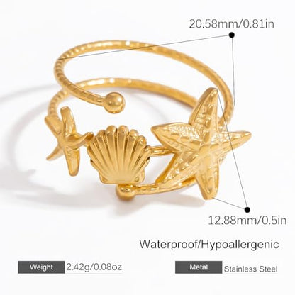 Bohemian Starfish Shell Finger Statement Ring for Women Gold Plated Dainty Seashell Star Wrap Open Adjustable Layered Thin Band Stacking Comfort Fit Stainless Steel Summer Beach Ocean Holiday Jewelry