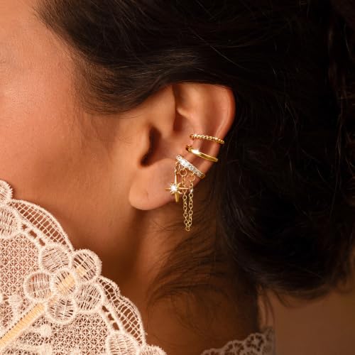 14K Gold Plated Layered Chunky Ear Cuff for Women Thick Ear Clips | Ear Cuff Earrings for Women,Hammered Texture design，Lightweight Hypoallergenic Ear Clips，trendy Jewelry for Daily Party Prom - color: gold 3